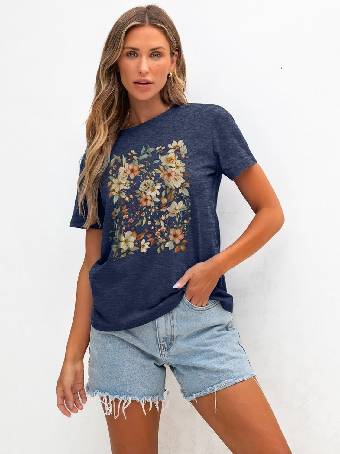 Women T Shirts Boho Graphic Tees Floral Loose Fits Casual Tops Summer Short Sleeves Shirts
