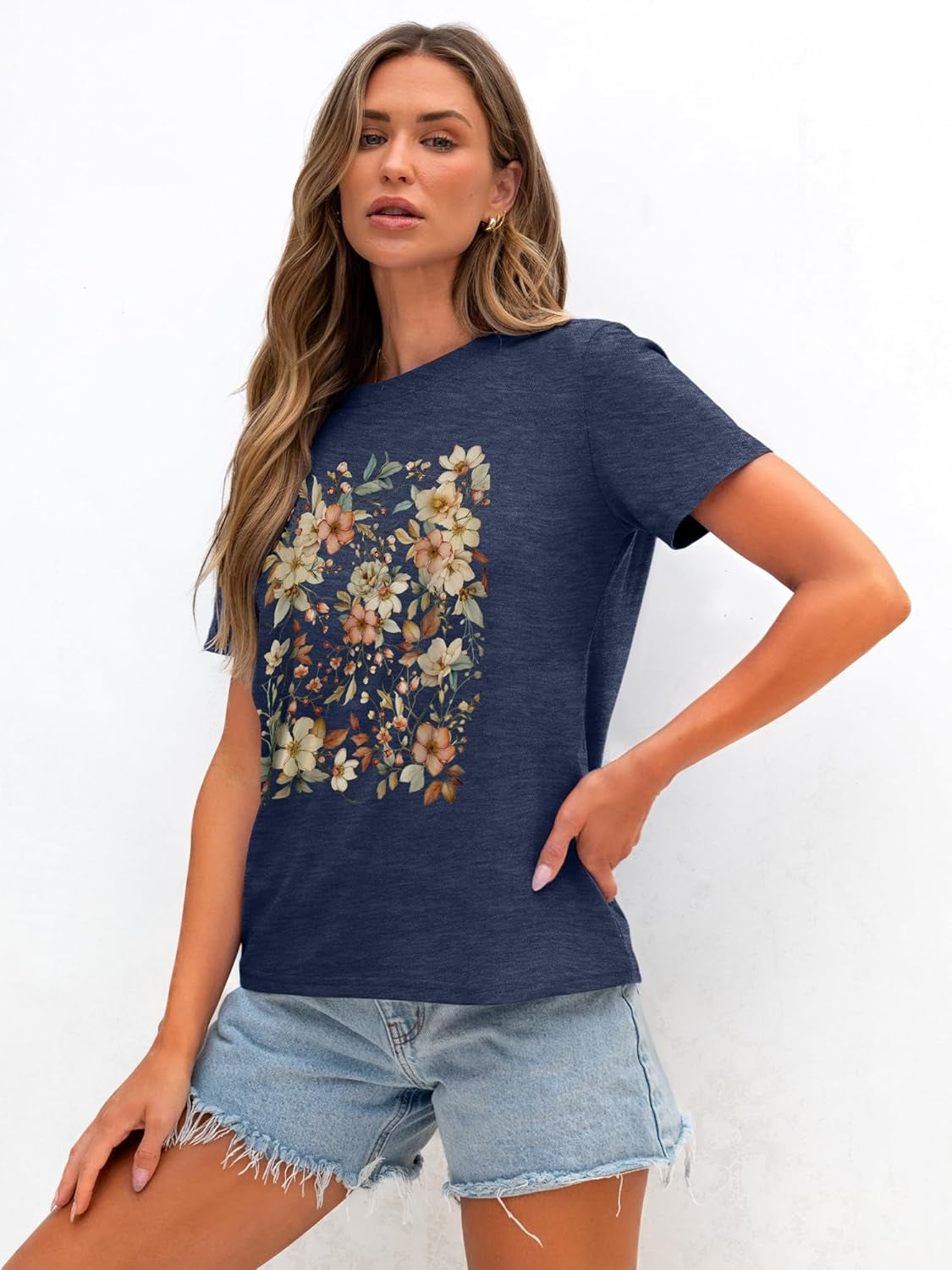 Women T Shirts Boho Graphic Tees Floral Loose Fits Casual Tops Summer Short Sleeves Shirts