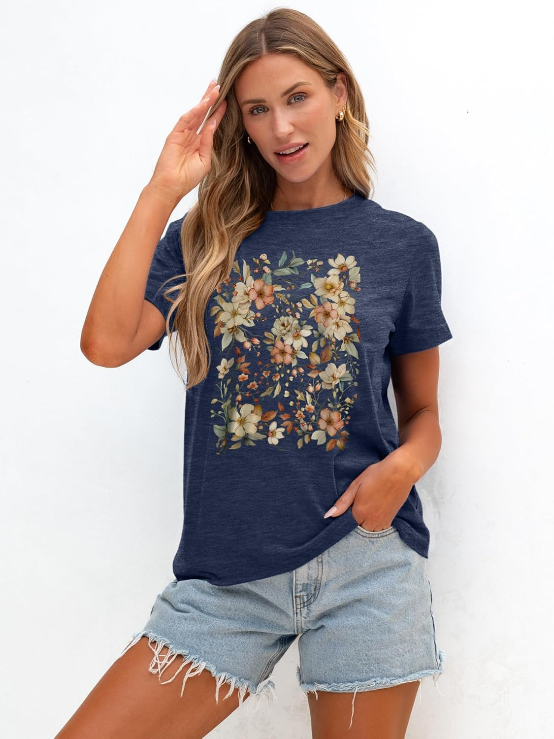 Women T Shirts Boho Graphic Tees Floral Loose Fits Casual Tops Summer Short Sleeves Shirts