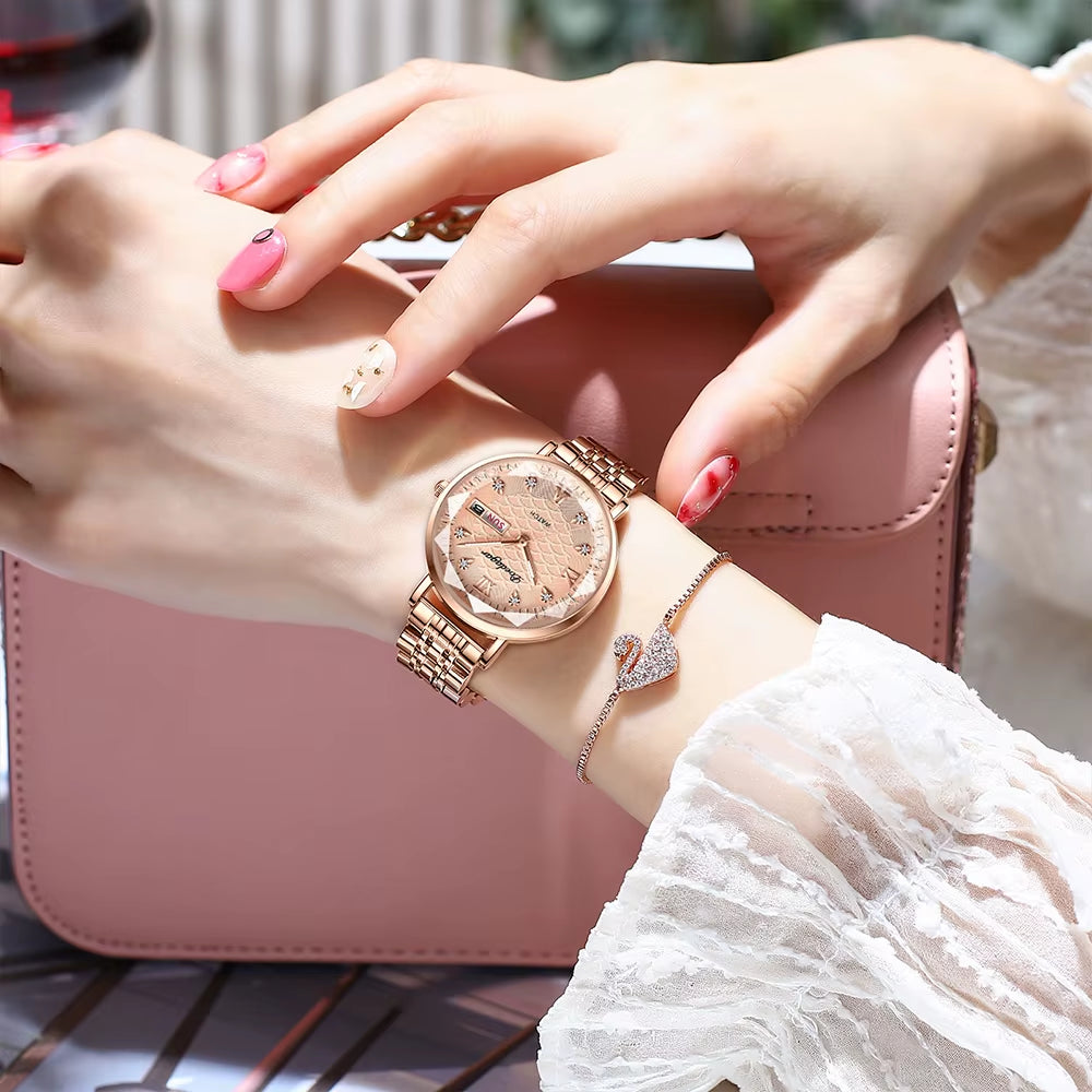 Original Luxury Women Watch Week Date Waterproof Luminous Stainless Steel Woman Watches Simple Trendy Ladies Wristwatch