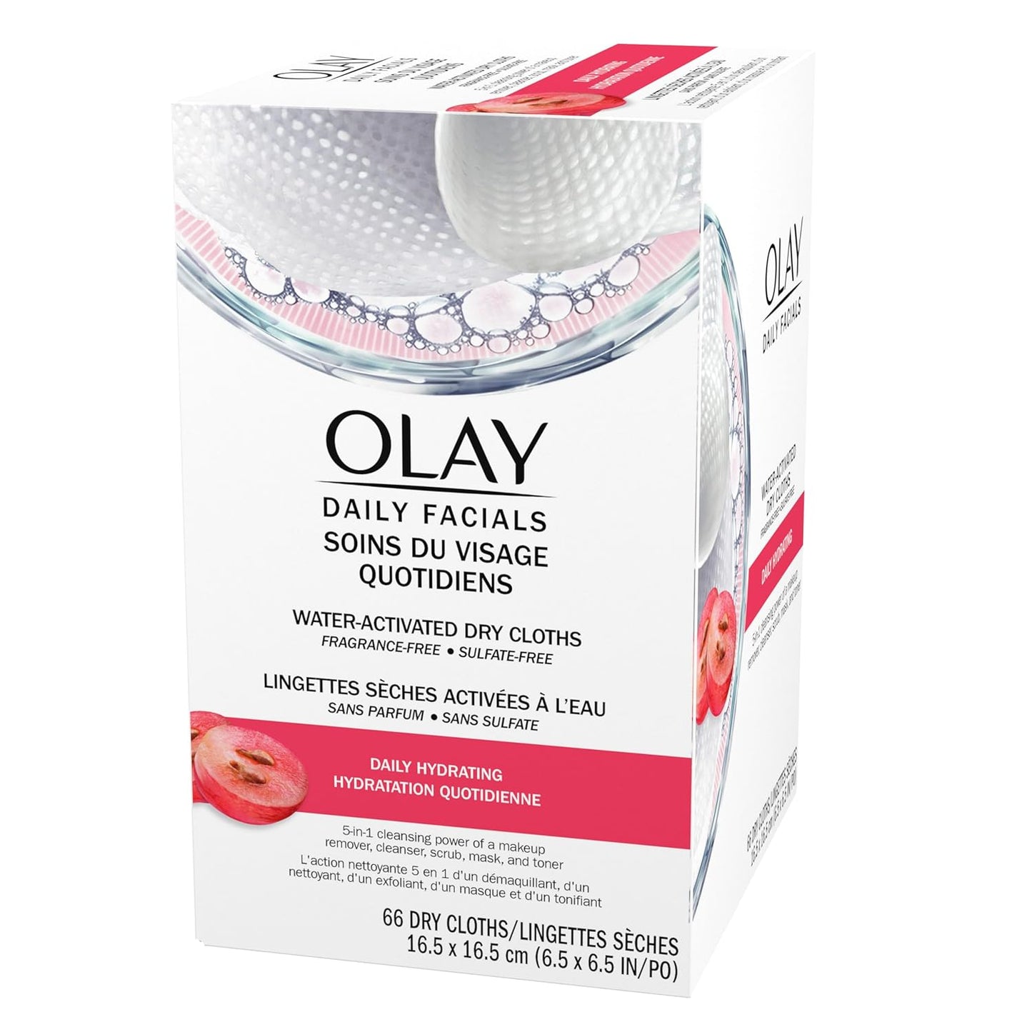 Daily Facials, Daily Clean Makeup Removing Facial Cleansing Wipes, 5-In-1 Water Activated Cloths, Exfoliates, Tones and Hydrates Skin, 66 Count