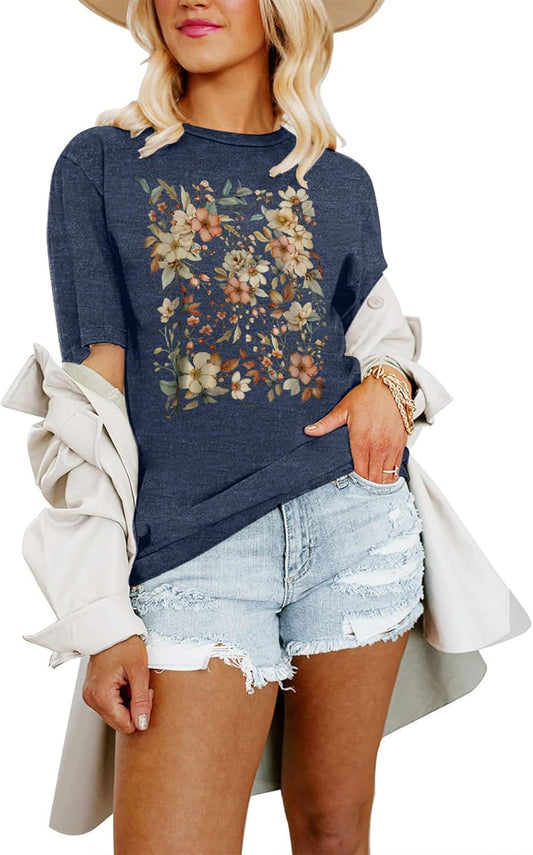 Women T Shirts Boho Graphic Tees Floral Loose Fits Casual Tops Summer Short Sleeves Shirts