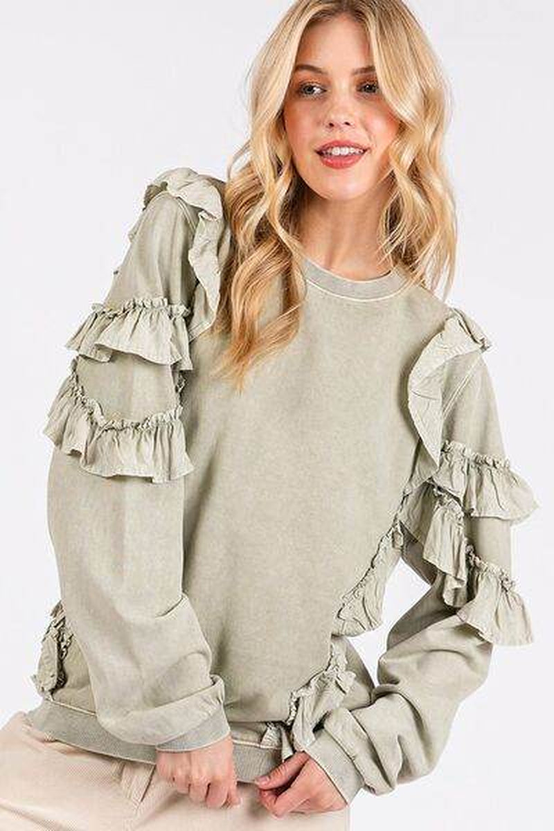 Mittoshop Ruffled Mineral Washed round Neck Long Sleeve Sweatshirt
