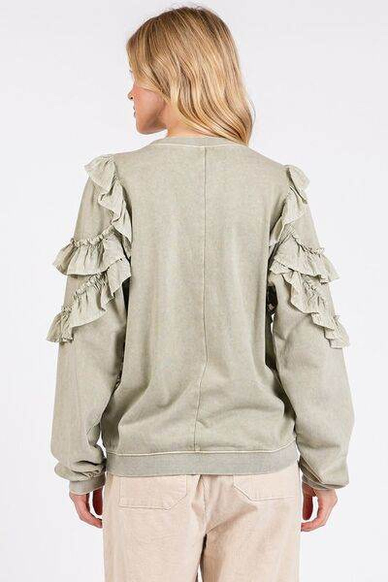 Mittoshop Ruffled Mineral Washed round Neck Long Sleeve Sweatshirt