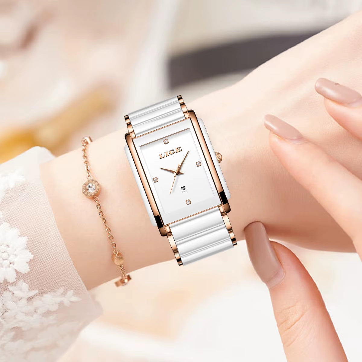 Fashion Square Quartz Woman Watches Ceramics Elegant Simple Diamond Auto Date Romantic Birthday Gift Leisure Wristwatch New