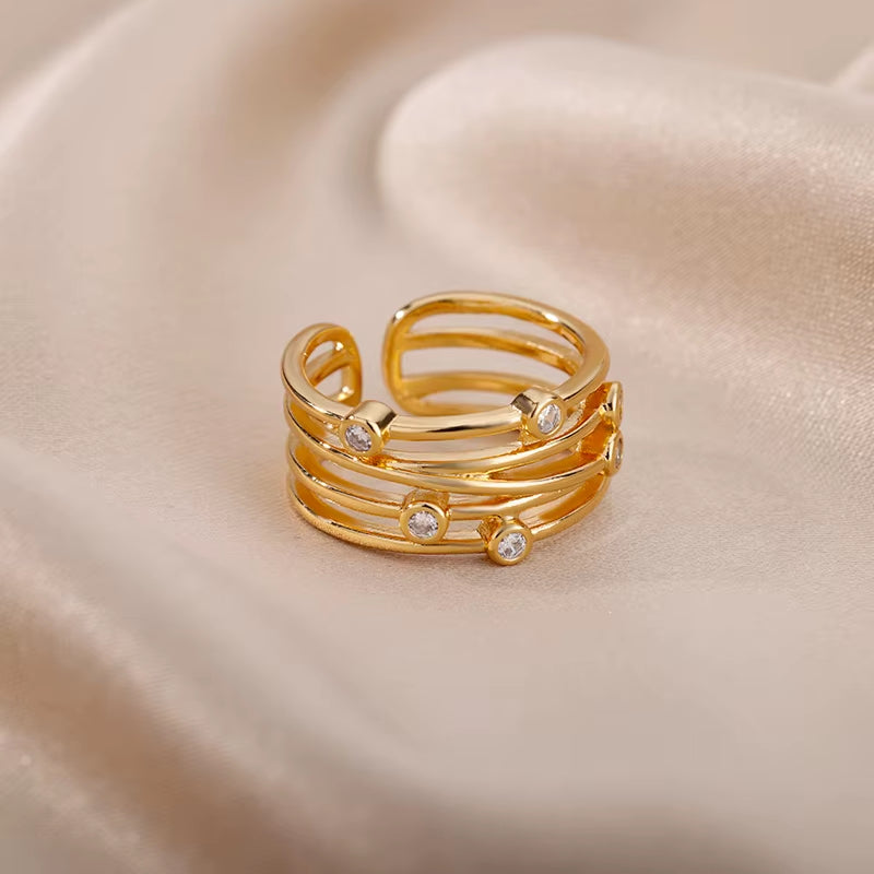 Multilayer Winding Line Zircon Rings for Women Open Adjustable Stainless Steel Geometry Ring 2022 Trend Jewerly Anillos Mujer
