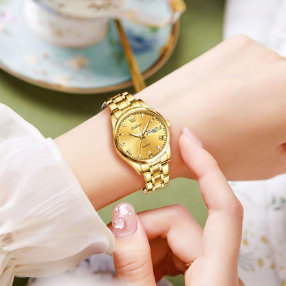 Gold Watches for Women Classic Stainless Steel Waterproof Womens Wrist Watch Small Face Ladies Watches with Day Date Analog Quartz Dress Women'S Watch Casual Gold Silver Black Dial Female Watch