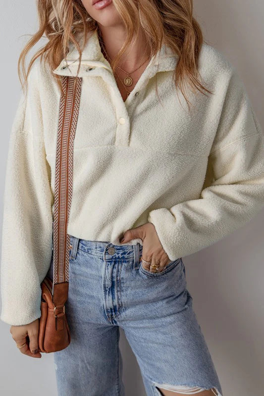 Fleece Placket Collar Drop Shoulder Sweatshirt