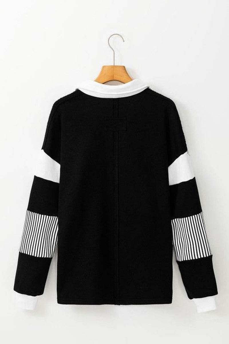 Black Striped Patchwork Collar Sweatshirt