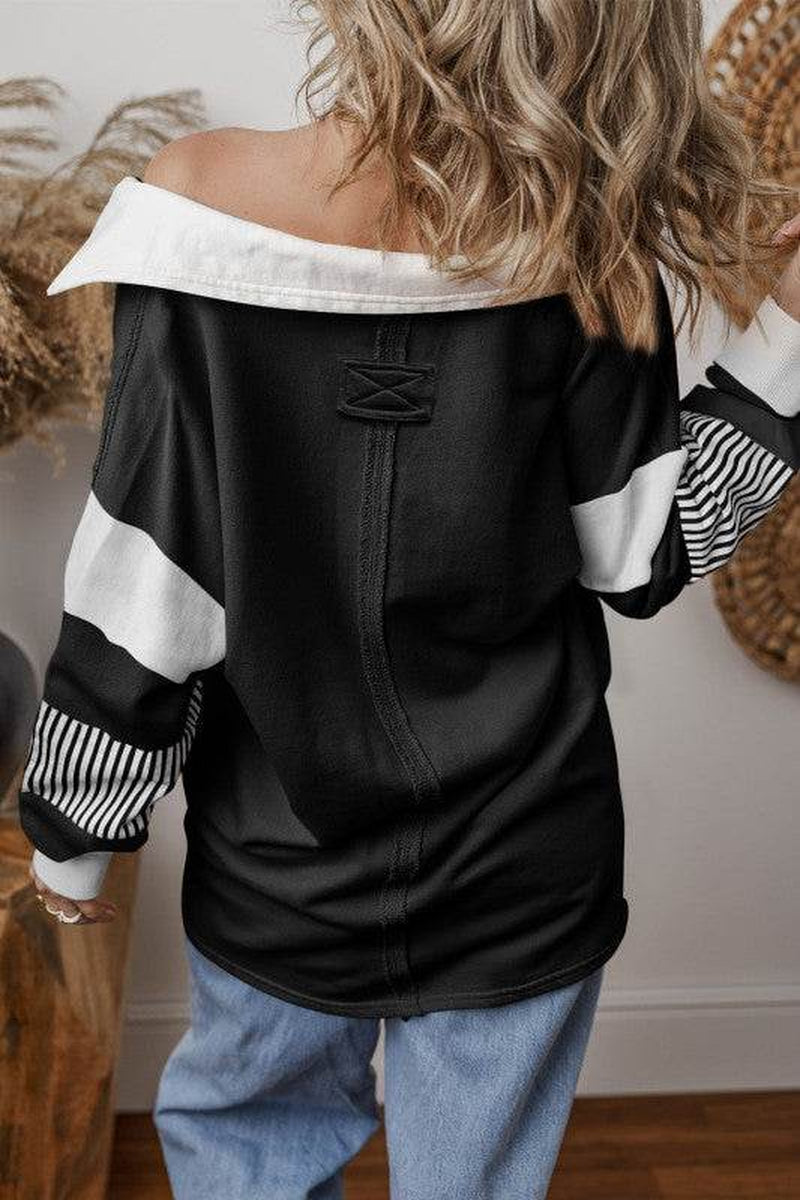 Black Striped Patchwork Collar Sweatshirt