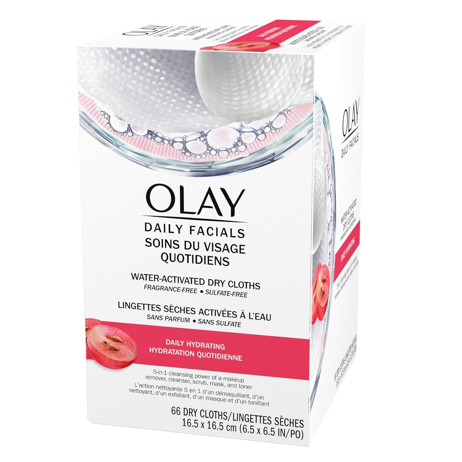 Daily Facials, Daily Clean Makeup Removing Facial Cleansing Wipes, 5-In-1 Water Activated Cloths, Exfoliates, Tones and Hydrates Skin, 66 Count