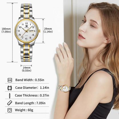 Luxury Ladies Watches,Women'S Watch with Day and Date,Female Watch for Small Wrist,Gold Stainless Steel Watches for Women,Easy Read Ladies Wrist Watches Waterproof（Adjustable Strap